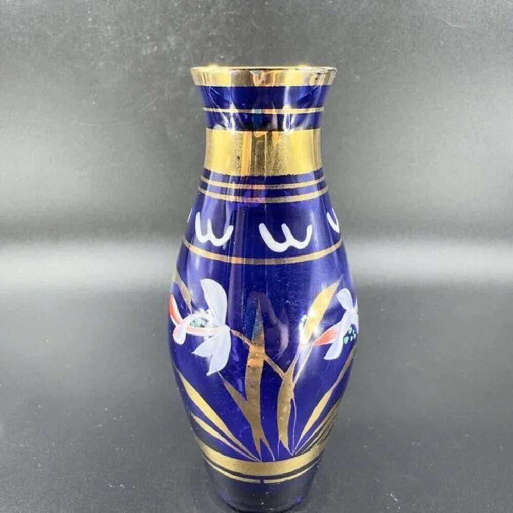 Vintage Bohemian‎ Art Glass Vase Vessel With Hand Painted Flowers Czech Vase VTG